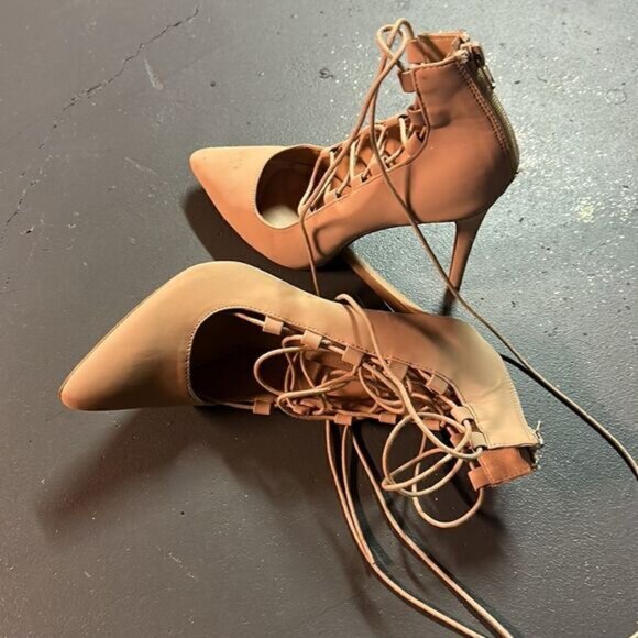 Size 10 Custom Taupe Champagne Charlotte Russe Glitter Ankle Wrap Stilettos - Picture 5 of 7